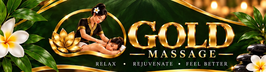 Gold Massage brand artwork: gold lotus, flowers and tropical leaves
