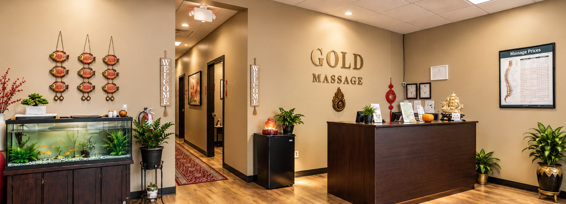 Gold Massage reception and aquarium, enhanced view