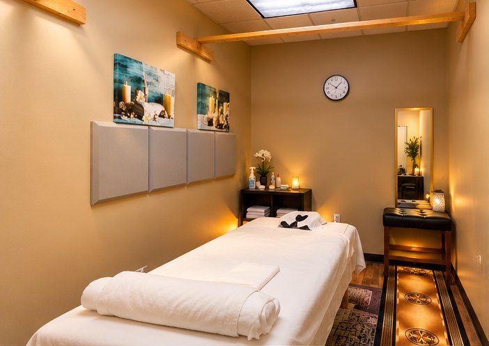 Gold Massage treatment room, warm gold view